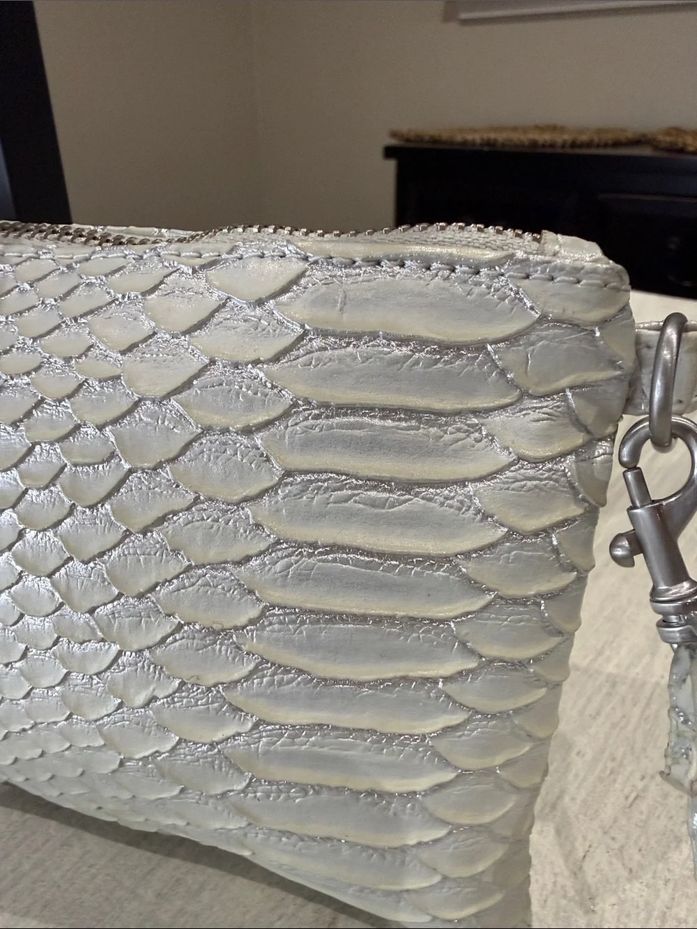 Textured Pearl Cream Wristlet Clutch with Detachable Strap
